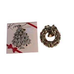 Lot of 2 Holiday Pins: NWT Christmas Tree and Vintage Wreath